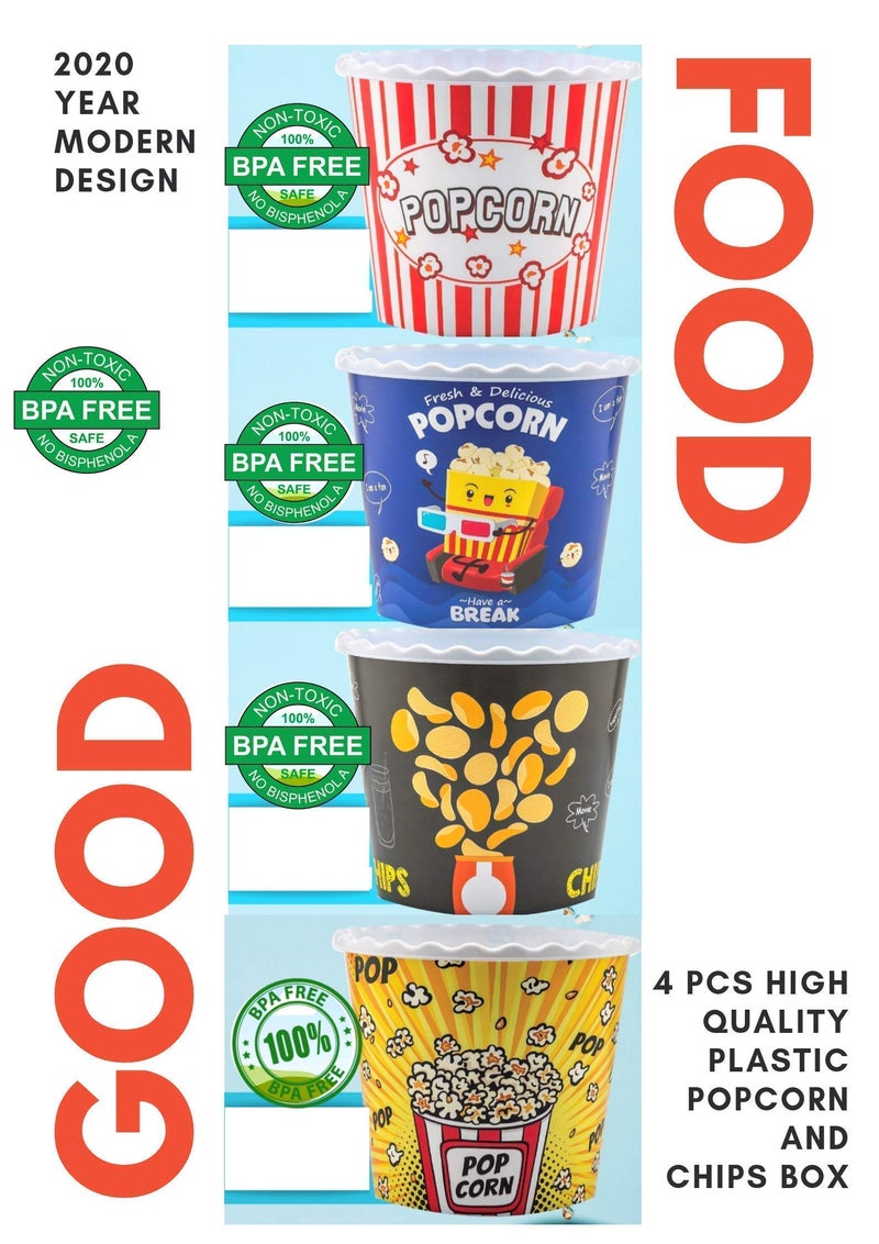 ONONEXPRESS Modern Style Reusable Plastic Popcorn Containers / Popcorn Bowls Set for Movie Theater Night - Washable in the Dishwasher - (BPA Free-4 Pack) (Color: Yellow, Brown, Red/White and Blue Popcorn Boxes) - Image 2